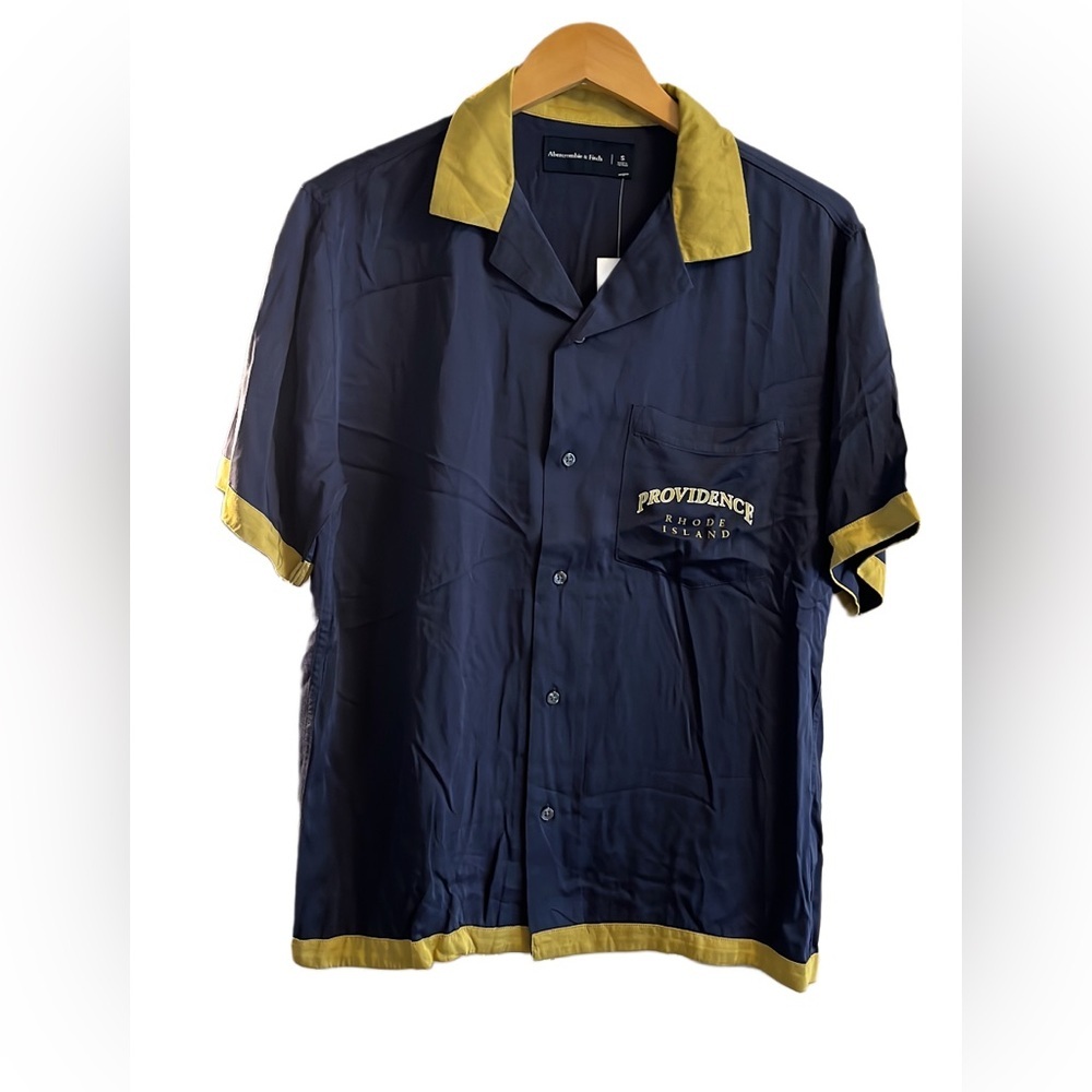 Abercrombie & Fitch Navy Button-Down Shirt with Yellow Trim